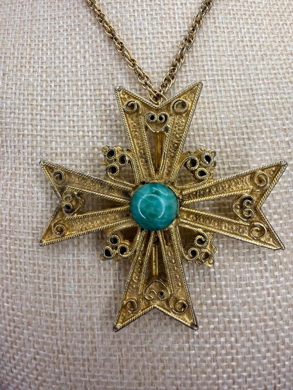 Vintage Filigree Maltese Cross Pendant Necklace 24 Inch